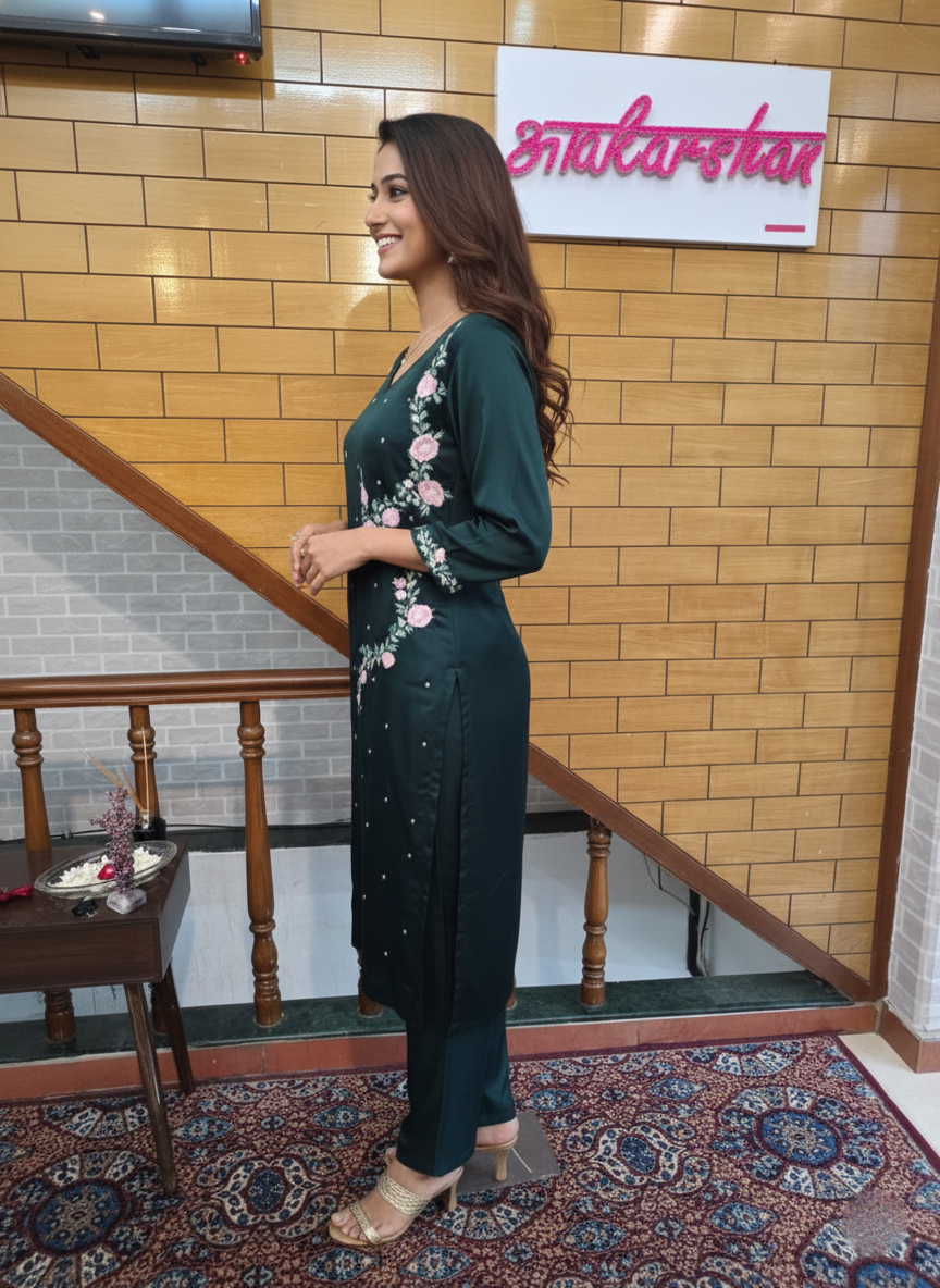 Luxurious Modal Satin Suit with Resham, Cutdana, and Pearl Embroidery