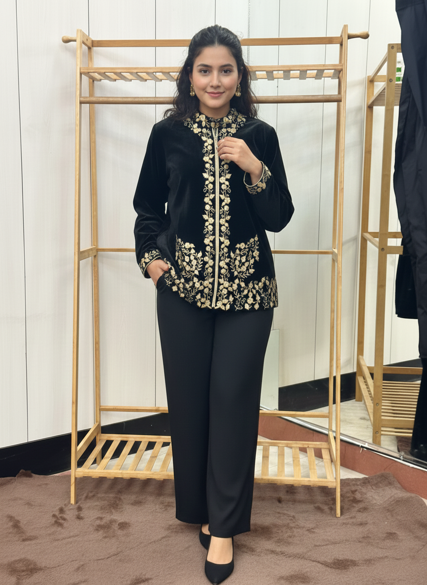 The Empress Silk Velvet Jacket with Rich Zari Embroidery