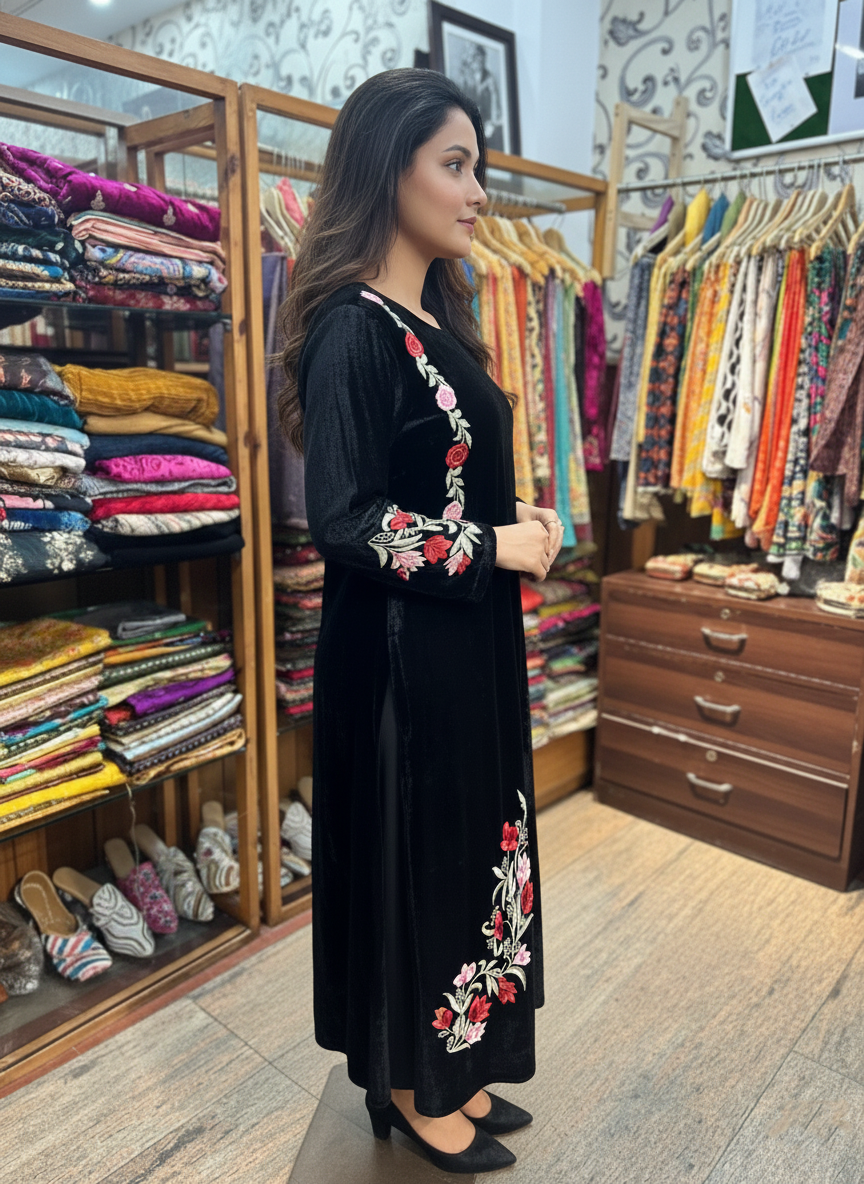 Silk Velvet Dress with Fine Resham Work Embroidery