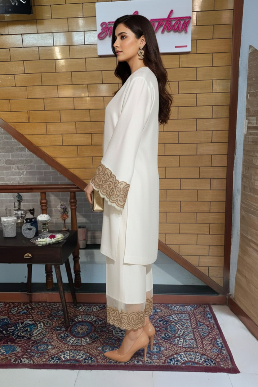 Ivory Satin Kurta Set with Antique Gold Lace Detailing