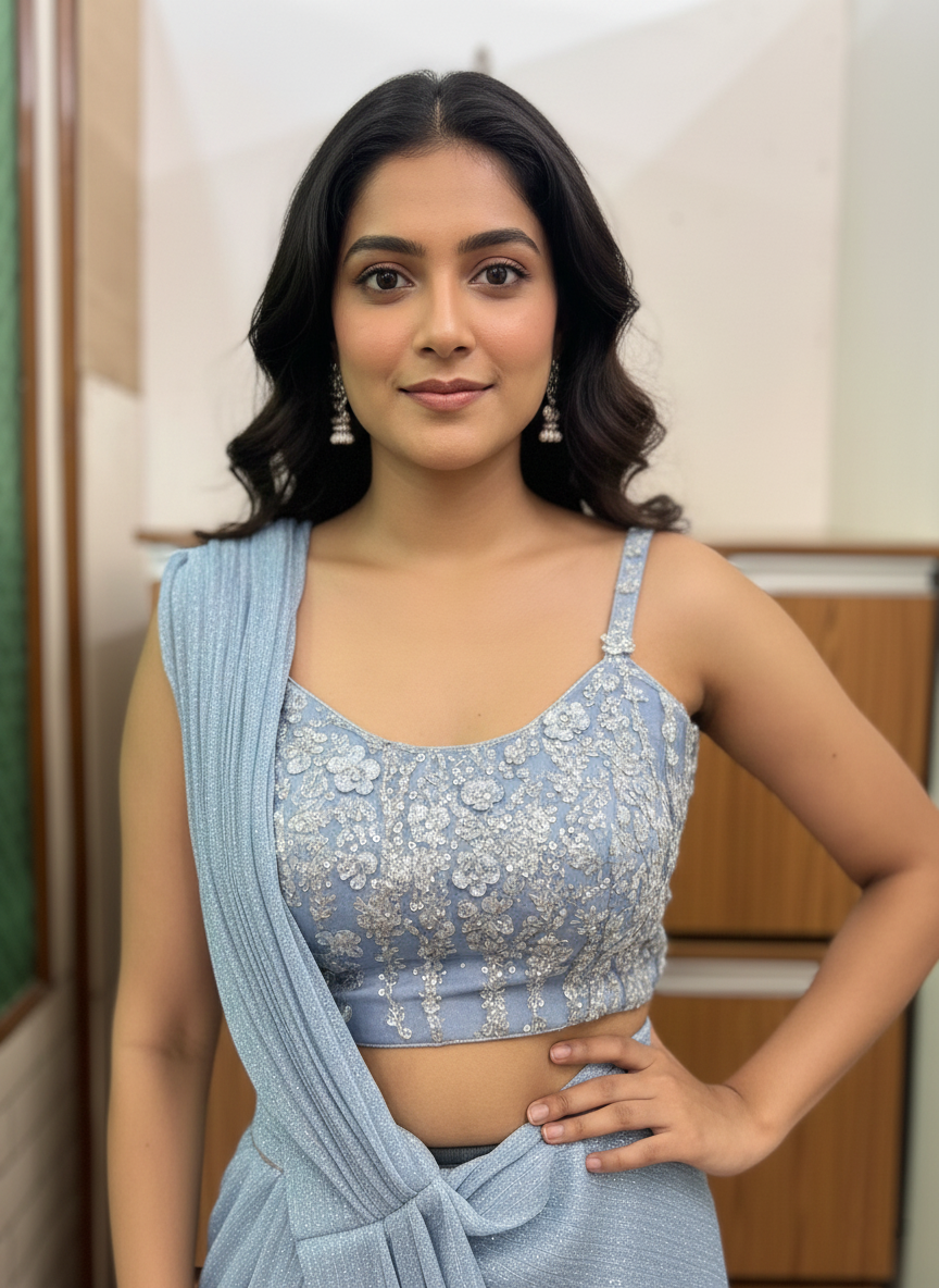 Crushed Tissue Drape Saree with Shimmering Sequence Work