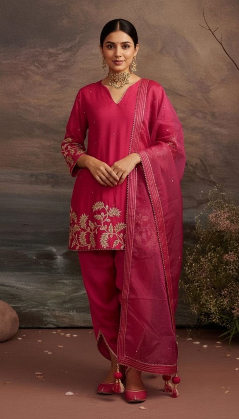 Viscose Silk Dhoti Suit with Aari Embroidery and Organza Dupatta