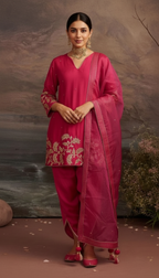 Viscose Silk Dhoti Suit with Aari Embroidery and Organza Dupatta
