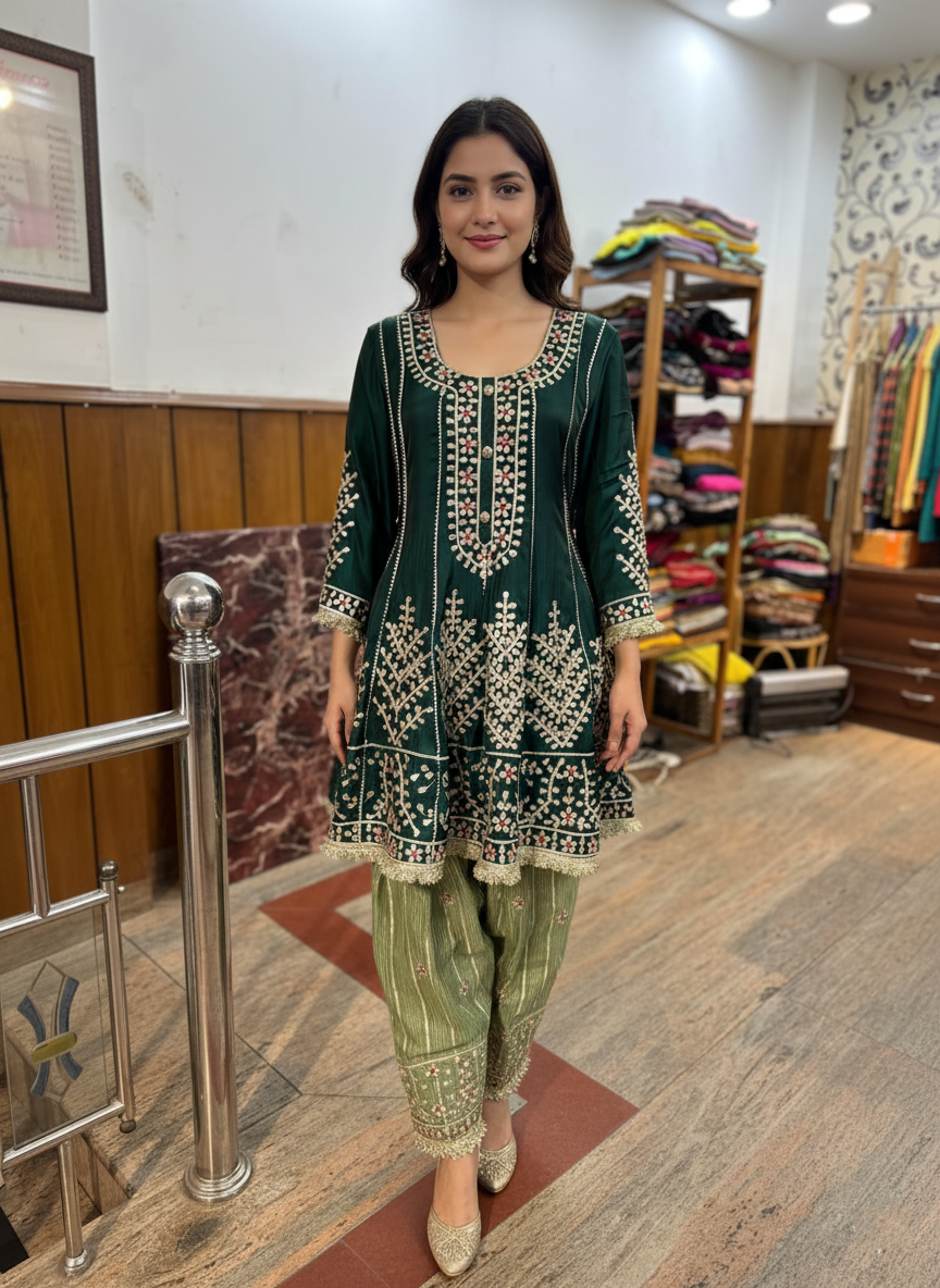 Contemporary Dhoti Style Crepe Kurta Set with Gota Embroidery