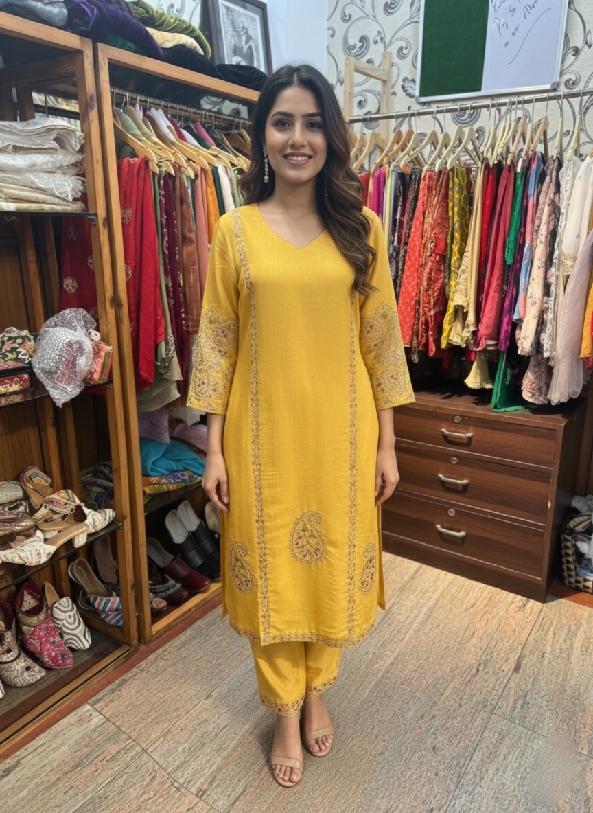 Mustard Aari Work Embroidered Pant Suit