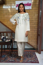 Ivory Silk Kurta Set with Multicolour Floral Thread Embroidery