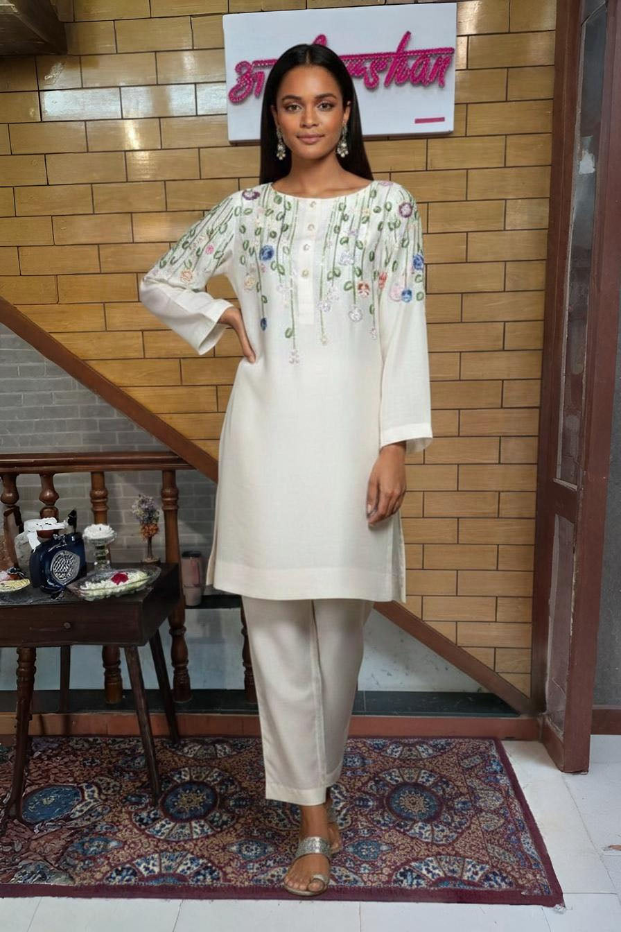Ivory Silk Kurta Set with Multicolour Floral Thread Embroidery