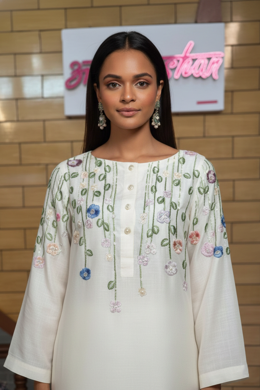 Ivory Silk Kurta Set with Multicolour Floral Thread Embroidery