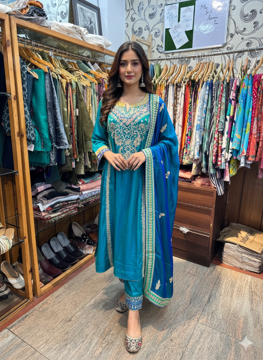 Designer Crepe Pants Set Embellished with Fine Aari Work