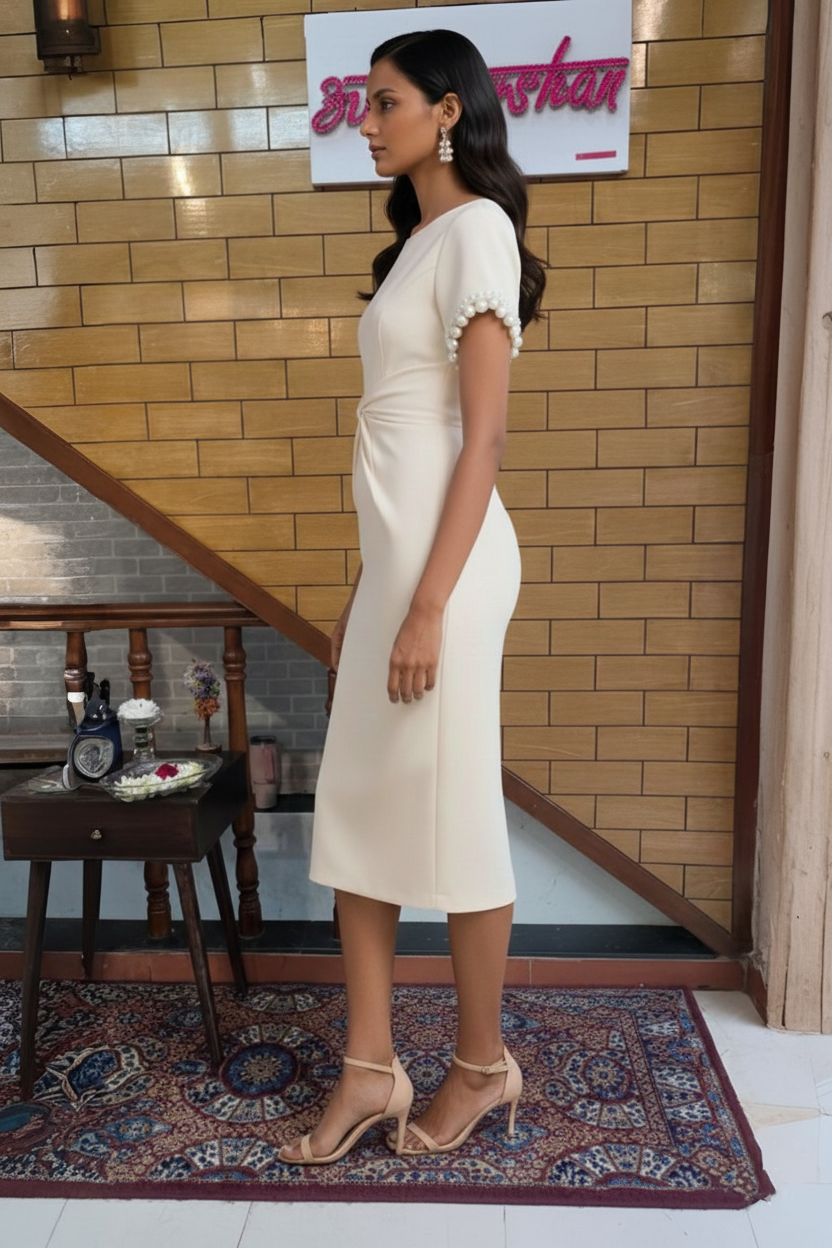 Ivory Pearl-Trim Midi Dress with Knot Waist