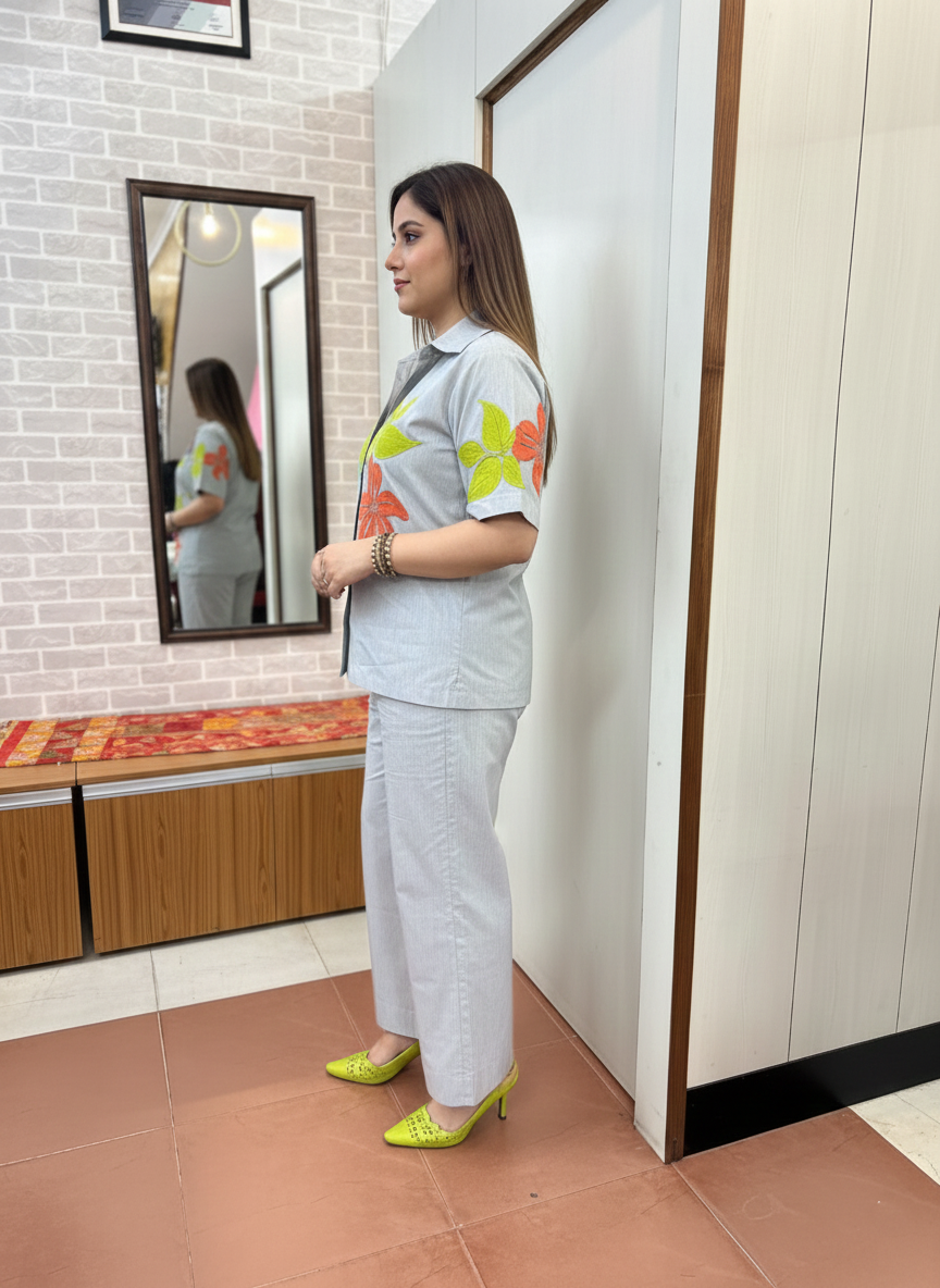 The Elegant Linen Co-Ord: Featuring Intricate Appliqué Detailing