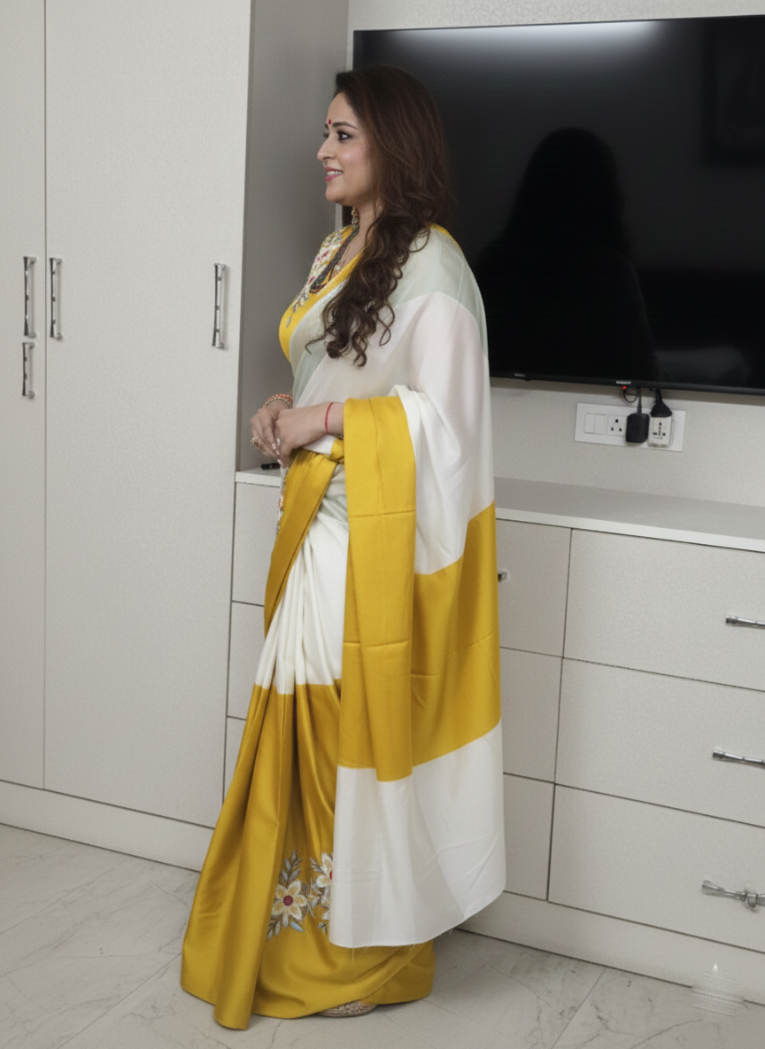 Resham Embroidered Satin Saree, Perfect for Festive Occasions