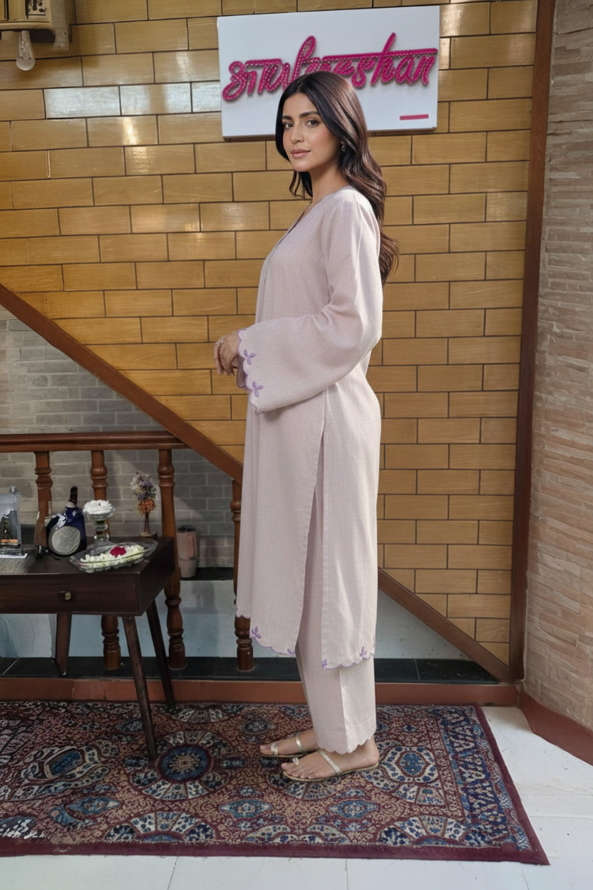 Blush Pink Scalloped Kurta Set with Embroidered Bell Sleeves & Straight Pants