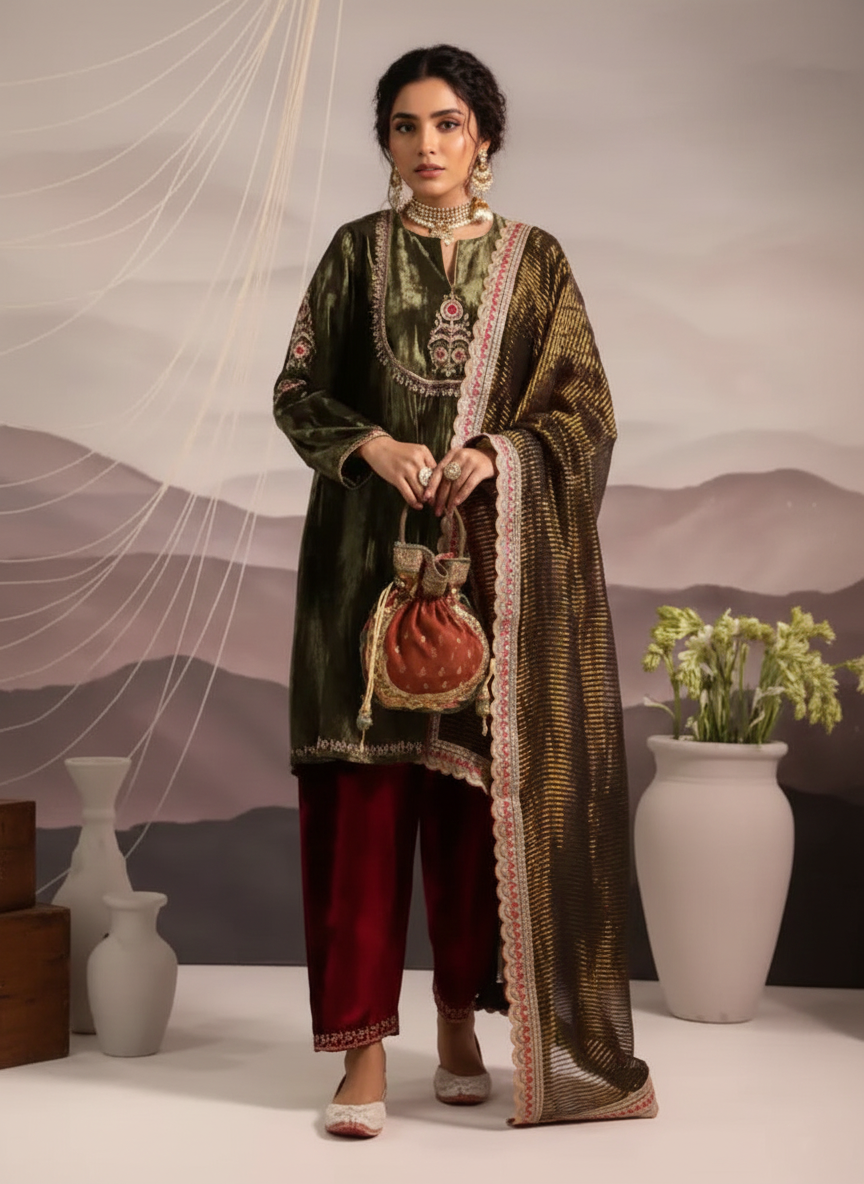 Royal Handcrafted Zardozi Velvet Ensemble
