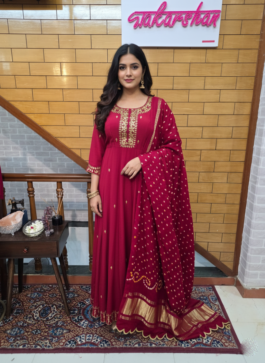 Anarkali suit with bandhani dupatta