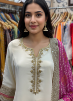 Ivory Crepe Suit with Hand-Embroidered Detailing & Pink Bandhani Dupatta