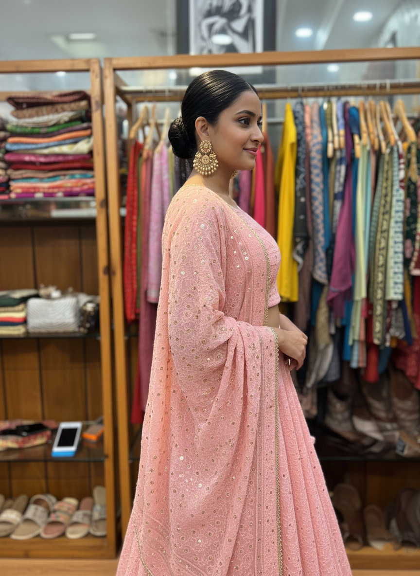 Pink Chikan Kari Georgette Lehenga Set