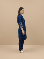 Classic Blue Cotton Suit with Minimal Hand Detailing