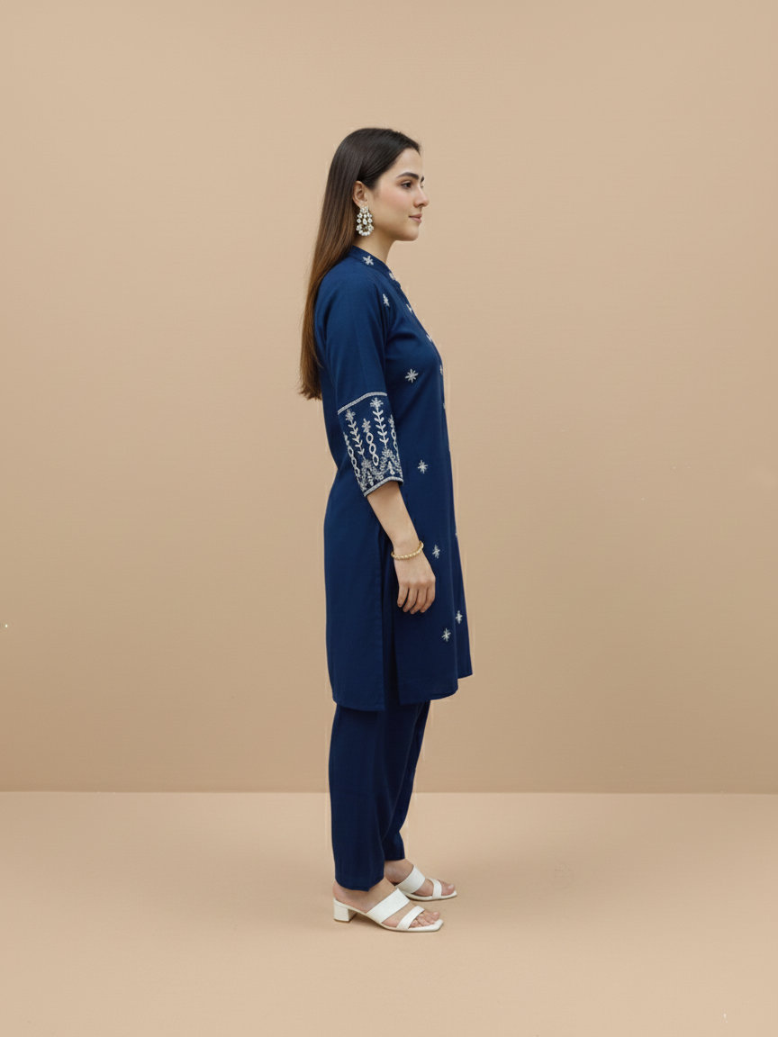 Classic Blue Cotton Suit with Minimal Hand Detailing