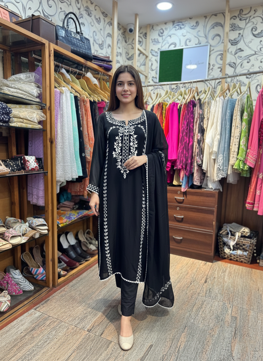 Elegant Black Georgette Aari Resham Embroidered Pant Suit