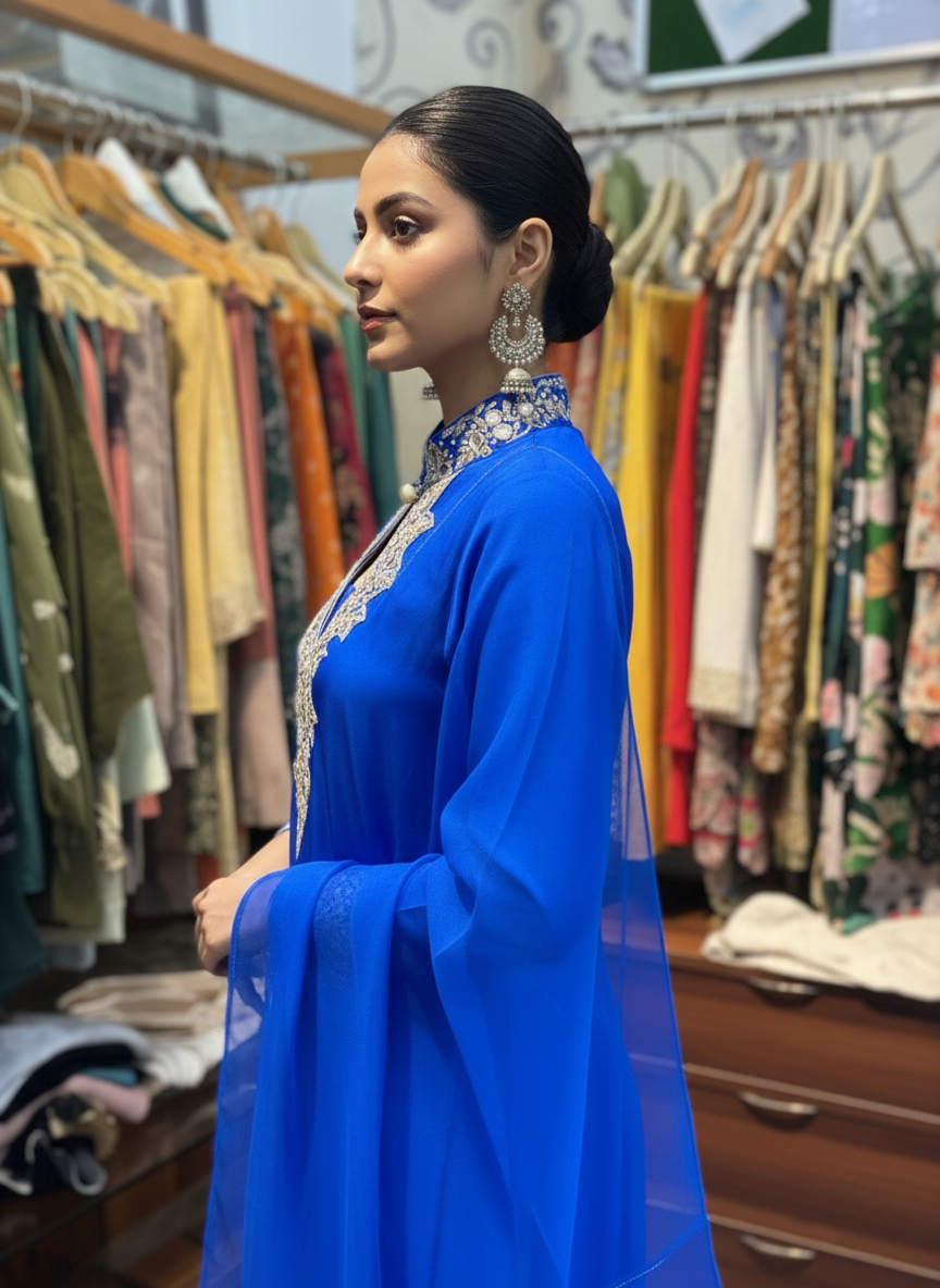 Silk Pant Suit with Elegant Mirror Work