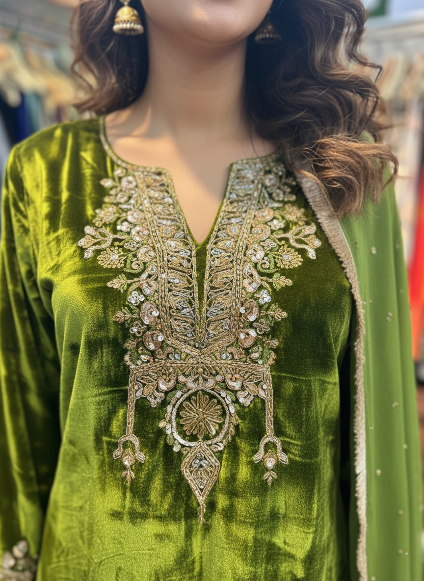 Velvet Pakistani Suit with Opulent Zardozi Embroidery