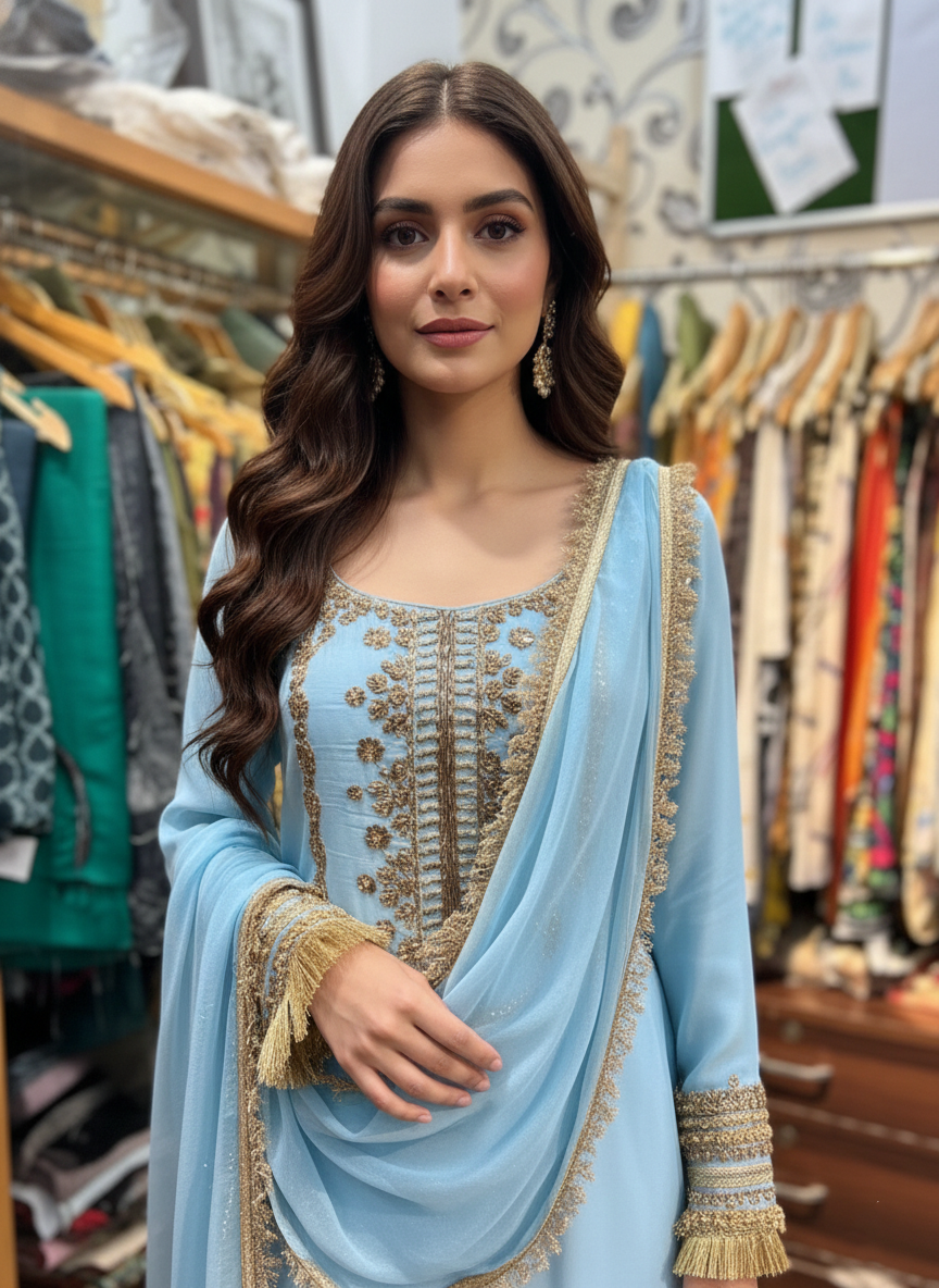 Traditional Sharara Ensemble: Silk Fabric Enhanced by Zardozi, Paired with Organza