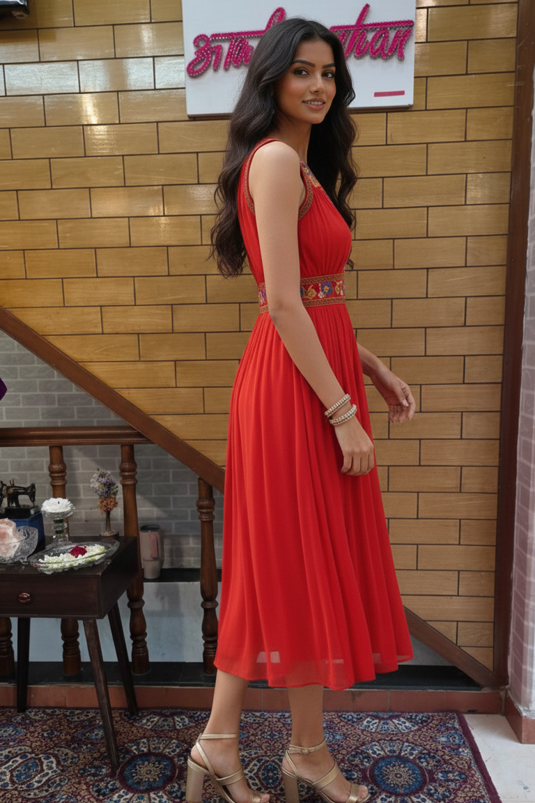 Red Midi Dress with Embroidered Waist & Neckline