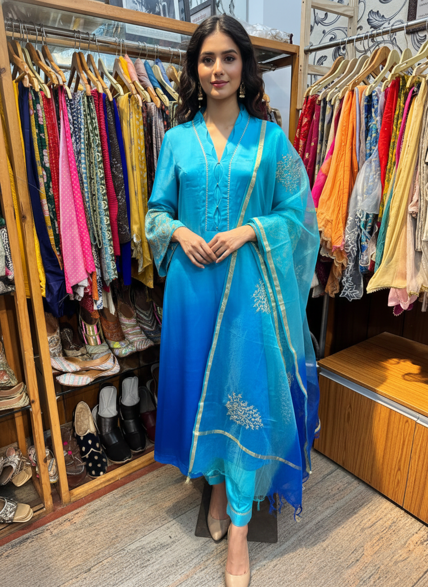 Ombre Blue Silk Suit with Aari Work & Organza Dupatta