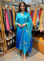 Ombre Blue Silk Suit with Aari Work & Organza Dupatta