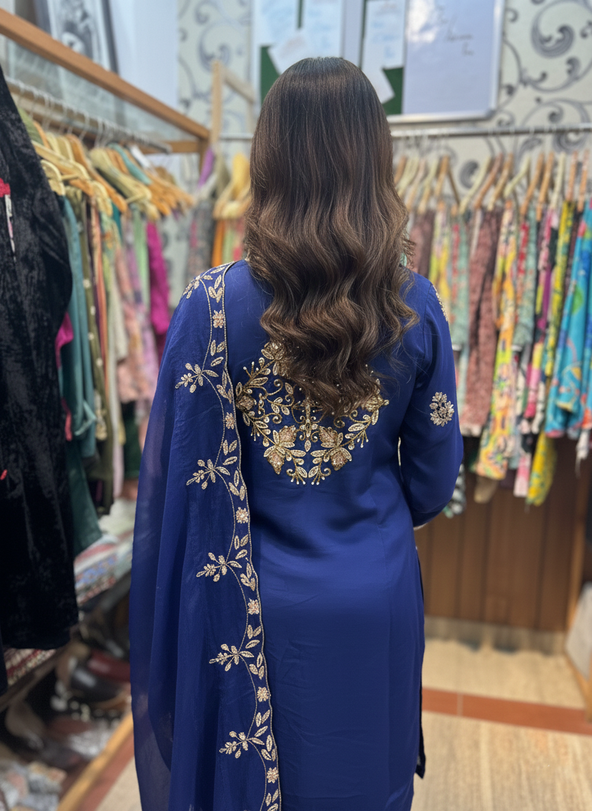 Shimmering Sharara Ensemble: Crepe Fabric with Sparkling Cutdana & Sequence Work