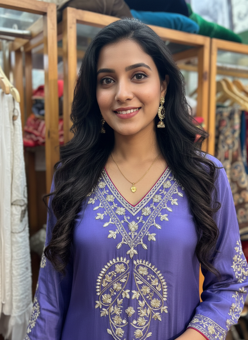 Royal Purple Crepe Suit with Elegant Gold Aari Embroidery