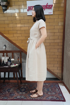 Beige Linen Blend Button-Down Midi Dress with Waist Tie Belt