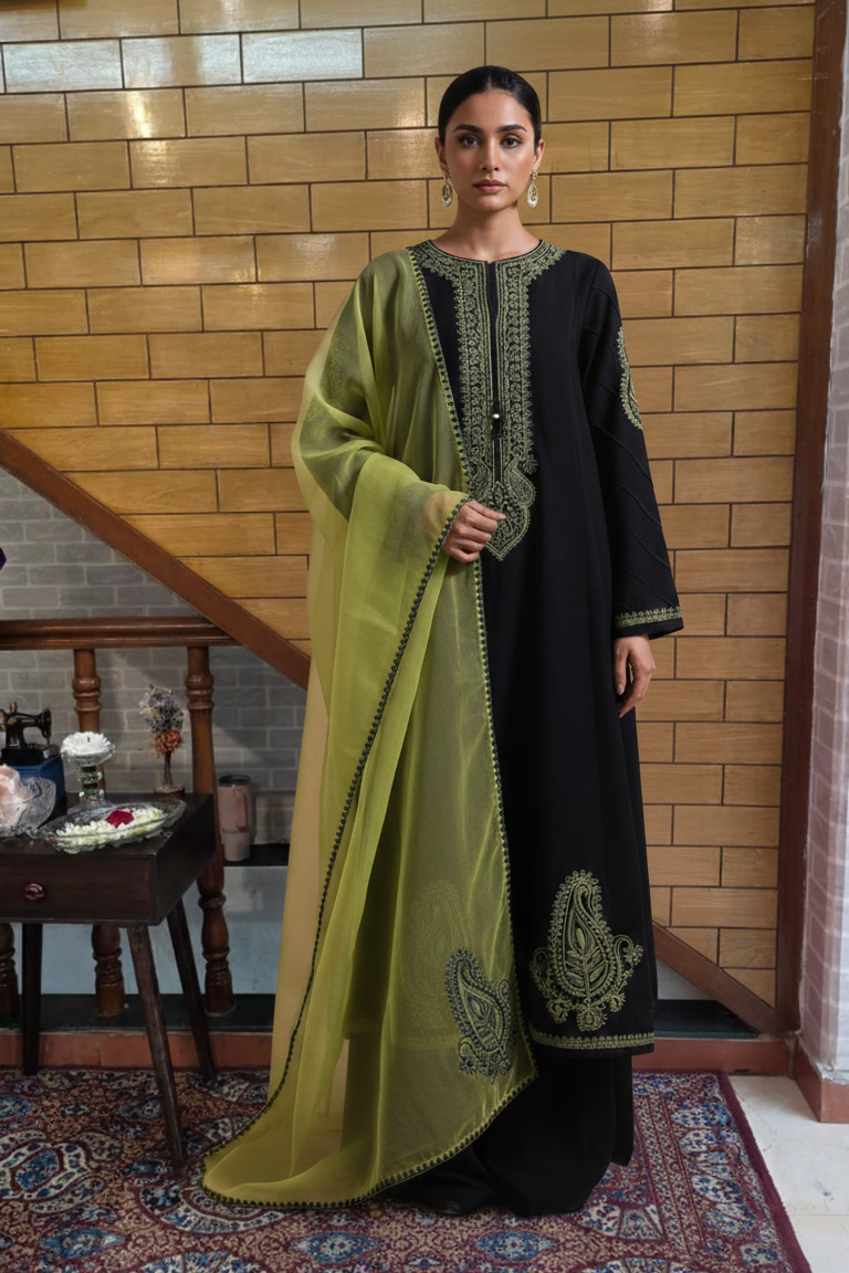 Black Embroidered Kurta Set with Lime Green Organza Dupatta & Paisley Detailing