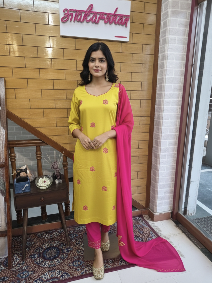 Satin Resham Embroidered Kurta with Trousers & Dupatta