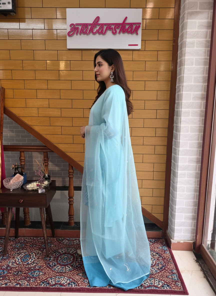 Sky Blue Ombre Silk Kurta Set with Organza Dupatta and Delicate Pearl Work