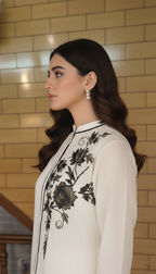 Off-White Suit with Embroidered Border Dupatta and Black Floral Accents