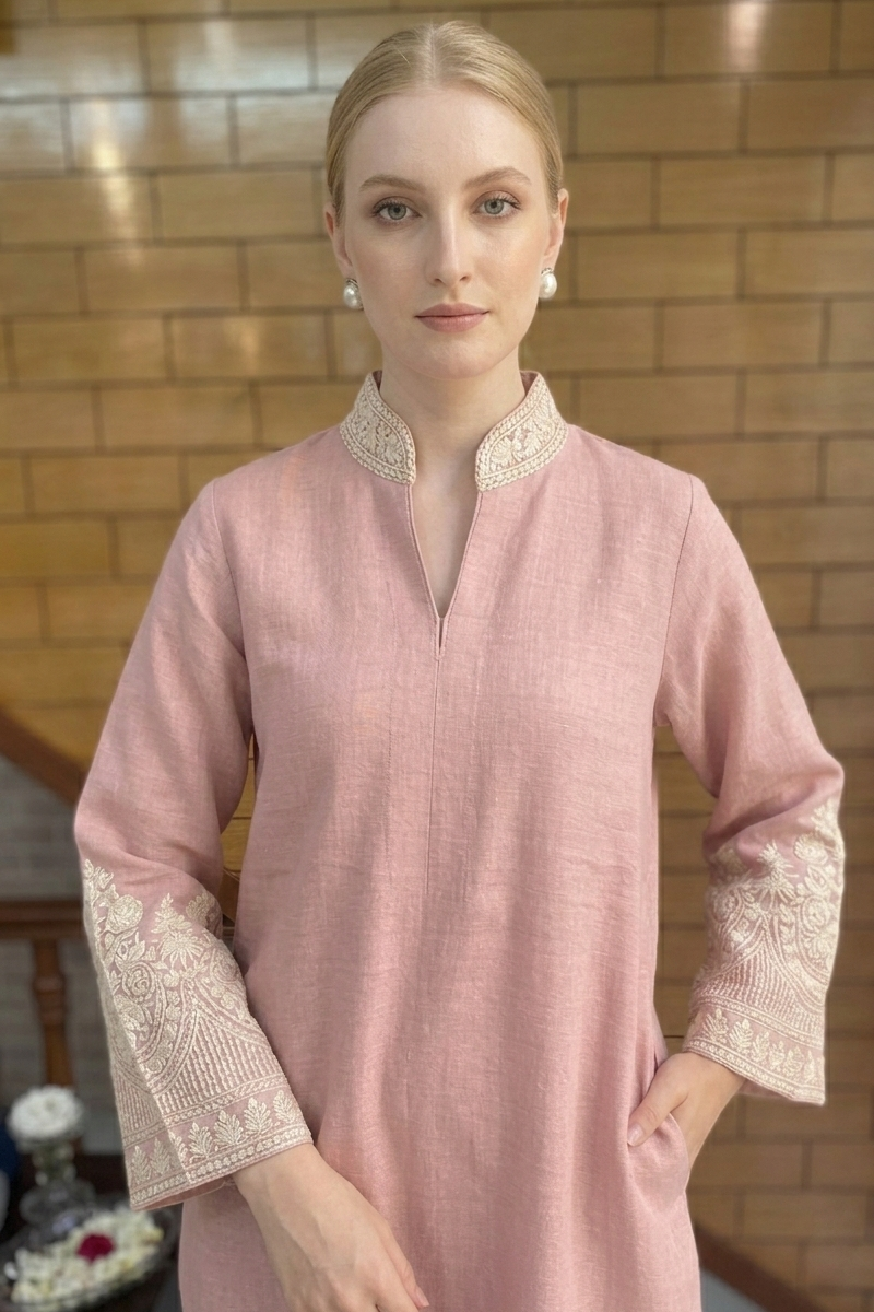 Soft Rose Linen Kurta Set with Intricate Cuff Embroidery