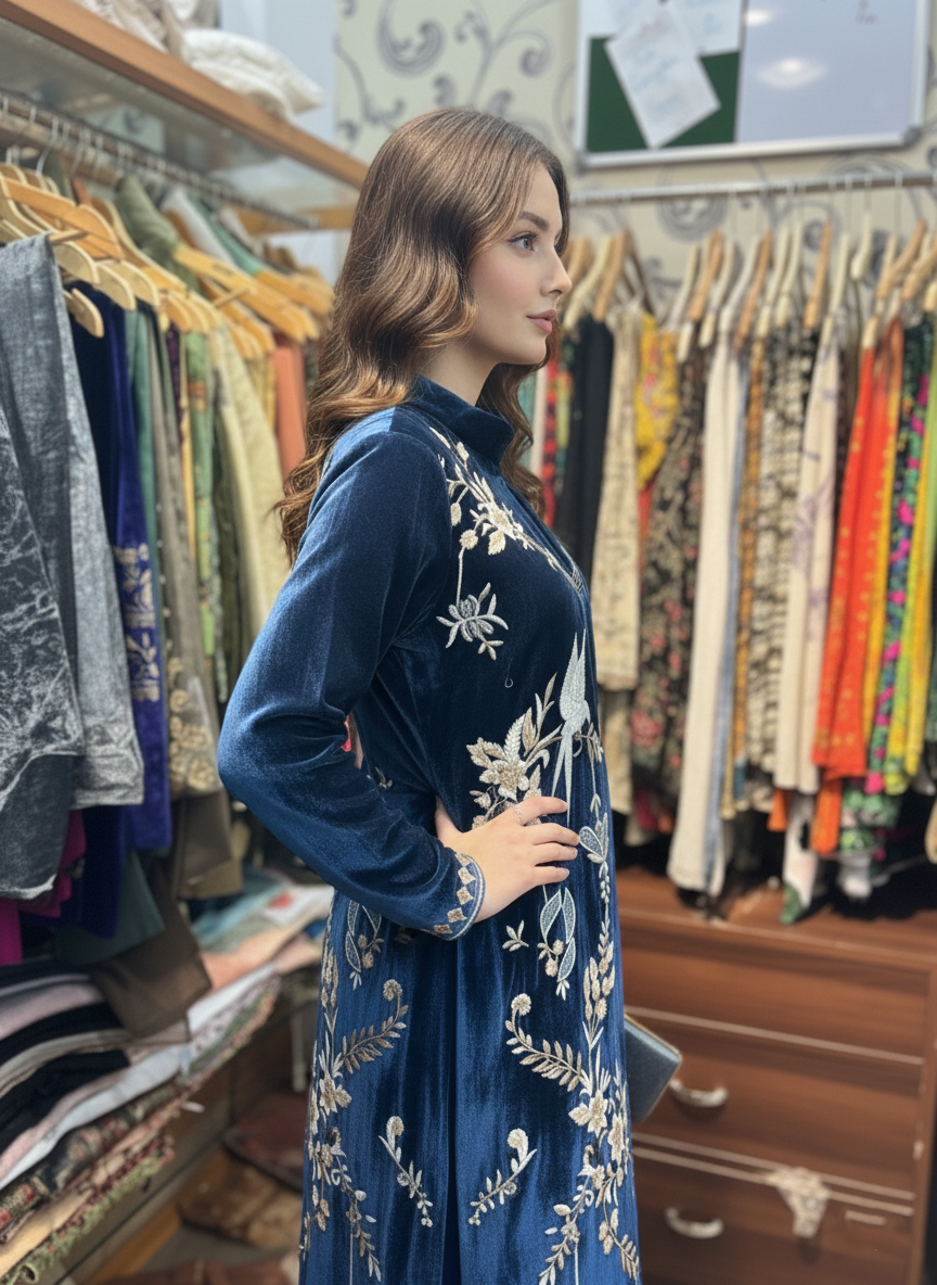 Velvet Jacket and Pants Set with Fine Resham Embroidery