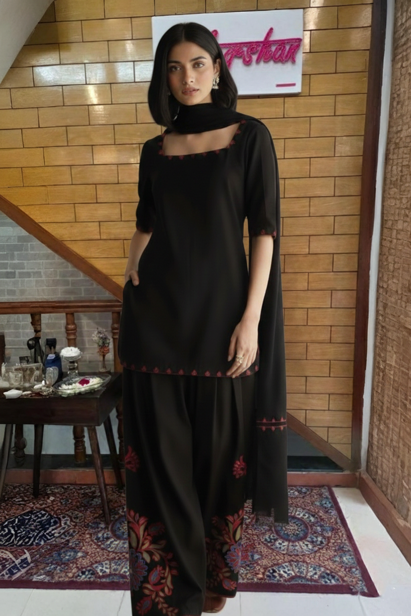 Black Kurta Set with Subtle Red Embroidery & Matching Dupatta