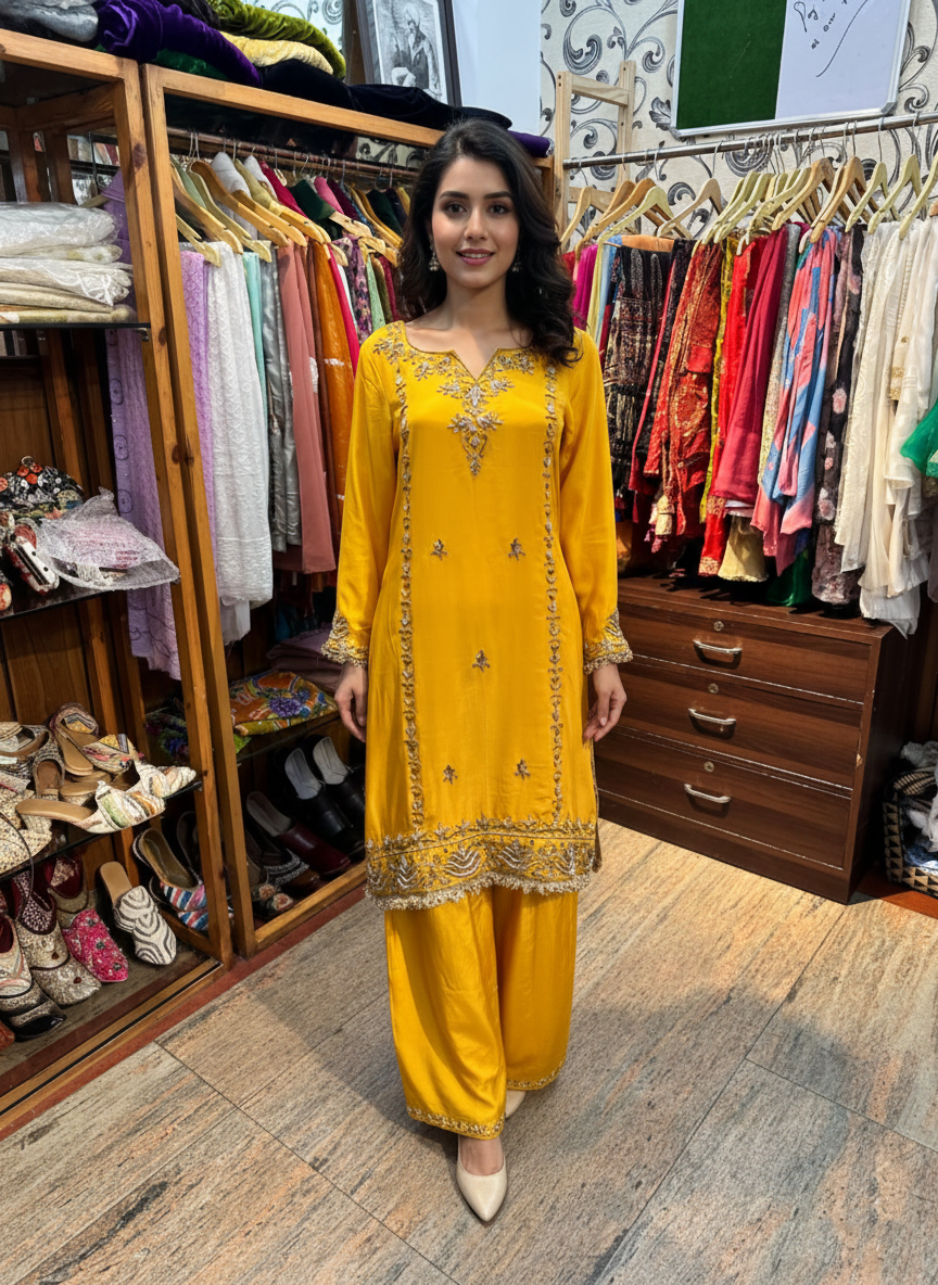 Mustard Crepe Zardozi Embroidered Suit with Organza Dupatta