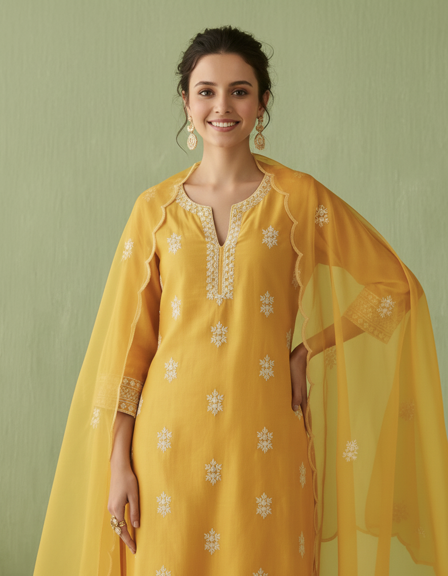 Resham Embroidered Silk Suit Ensemble with Organza Dupatta