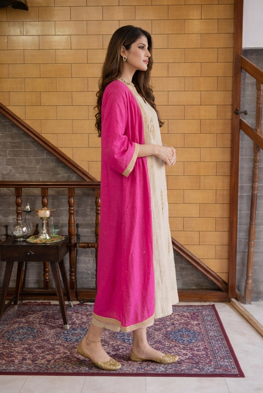 Regal Beige Silk Suit Paired with Hot Pink Embroidered Jacket