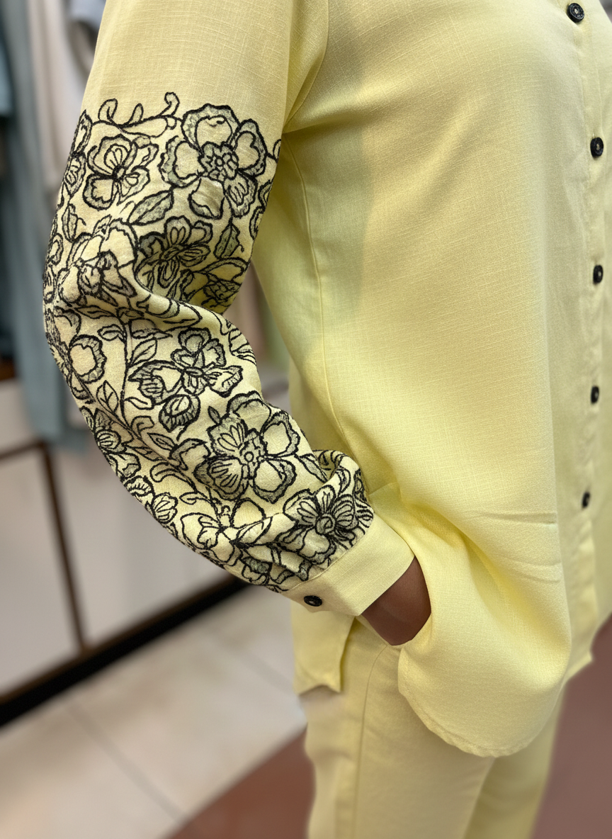 Linen Co-Ord Set with Intricate Resham and Cut Work