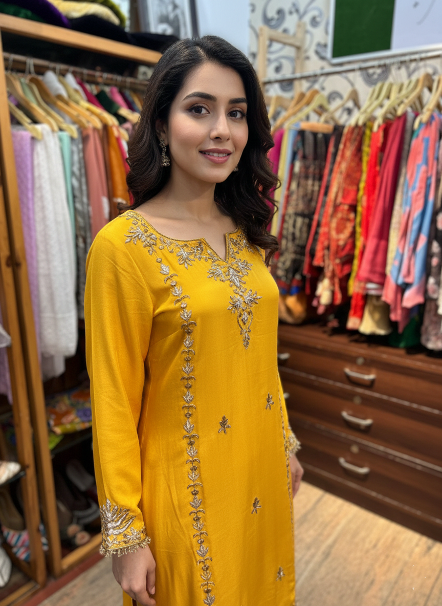 Mustard Crepe Zardozi Embroidered Suit with Organza Dupatta