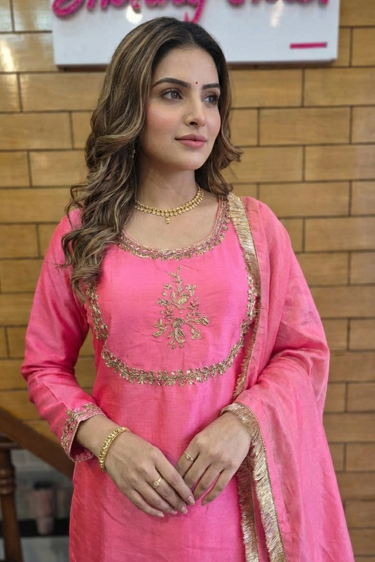 Pink Silk Kurta Set with Gold Embroidery & Dupatta