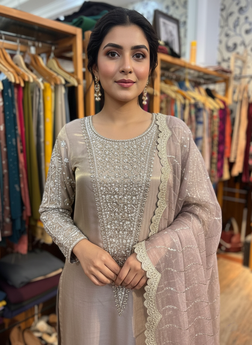 Luxury Tissue Organza Kurta with Handcrafted Sequin & Zari Work