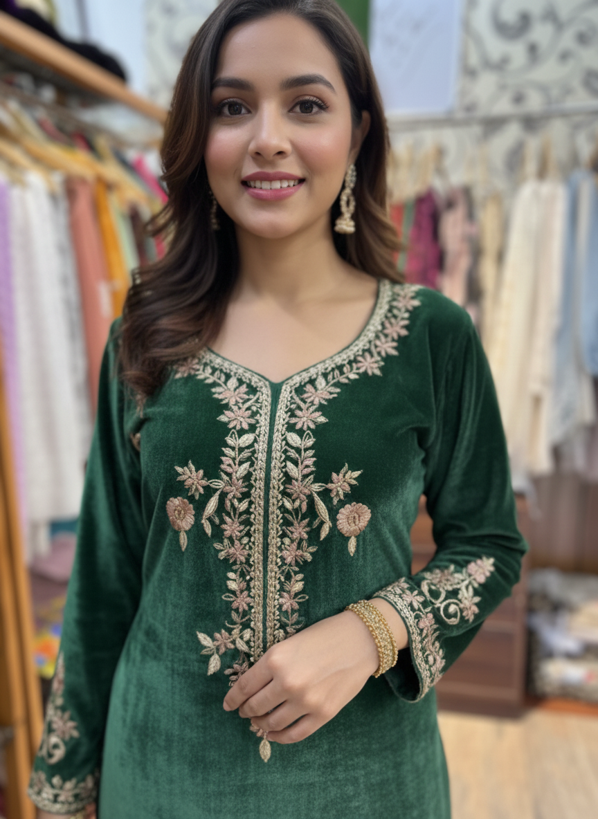 Emerald Silk Velvet Suit with Intricate Hand Zardozi Embroidery