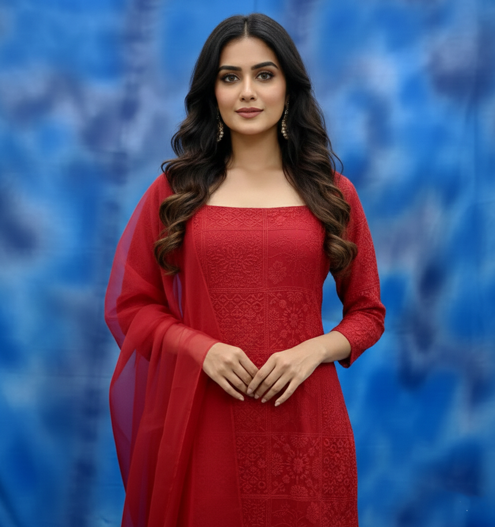 Red Georgette Embroidered Kurti & Sharara Set with Dupatta