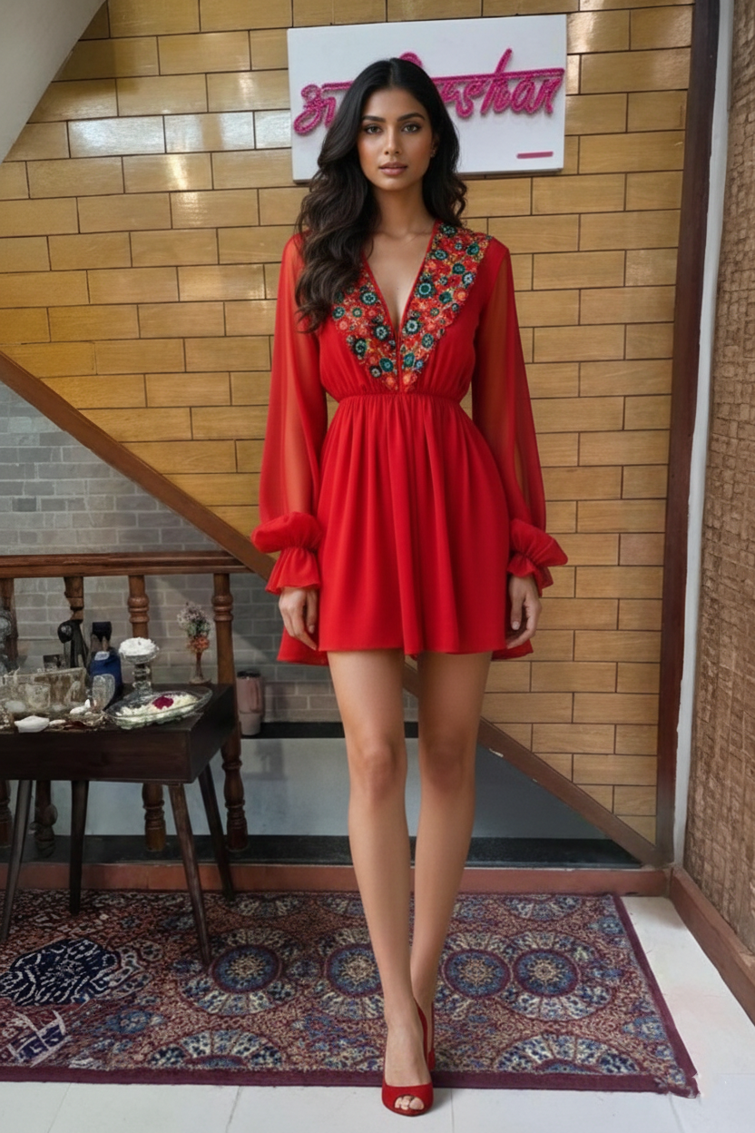 Red Chiffon Mini Dress with Embroidered Neckline